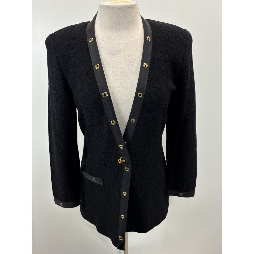 Vtg Steve Fabrikant Knit Cardigan Blazer Womens 8 Black Gold Wool Blend 90s USA